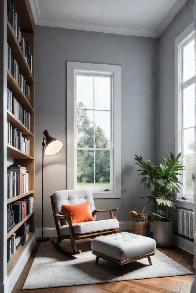 A modern reading nook with a rocking chair and a view of the garden