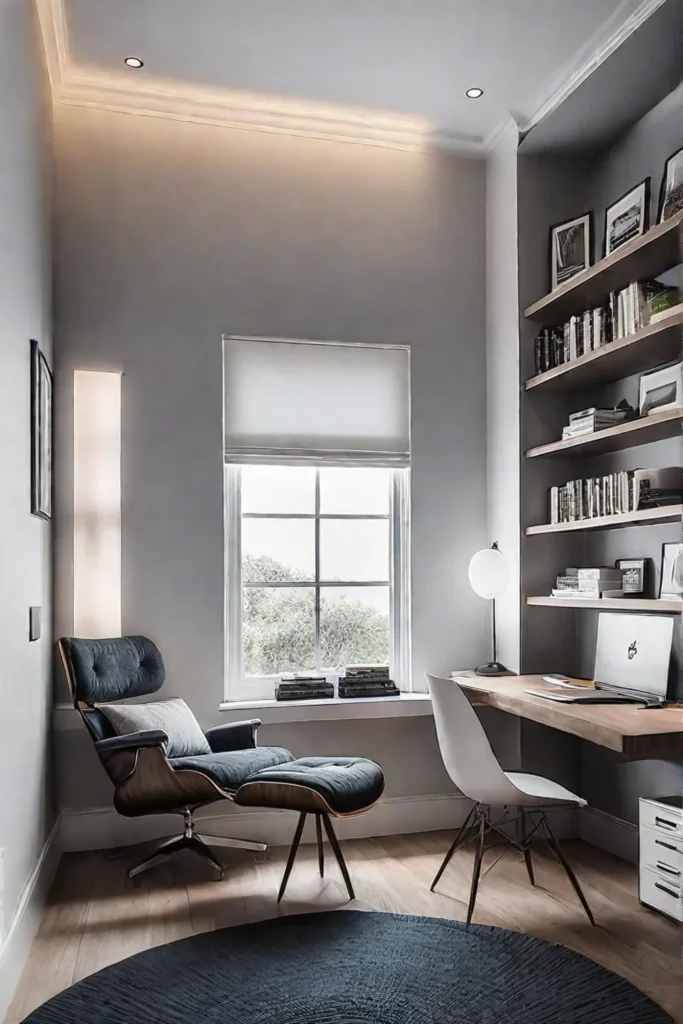 A reading nook converts into a home office with a folddown desk