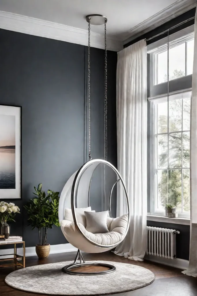 A reading nook with a hanging bubble chair and sheer curtains