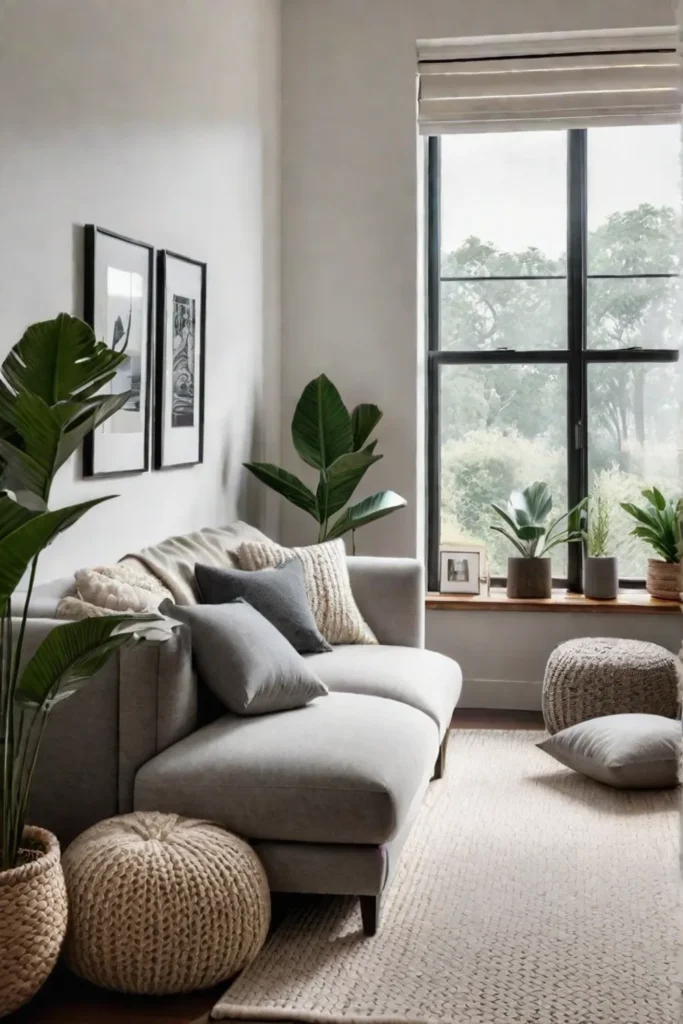 A relaxing reading space with a chunky knit blanket and ample natural light