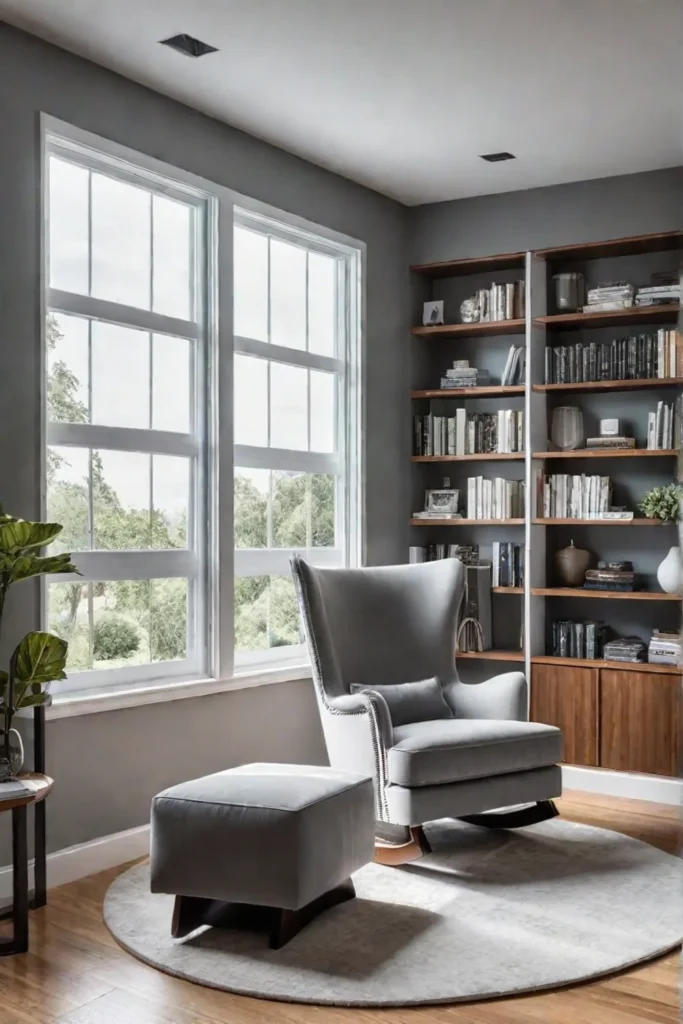 A serene reading space with a builtin bookshelf and a plush ottoman