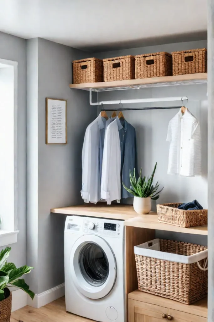A small laundry room optimized with vertical storage solutions and multipurpose furniture