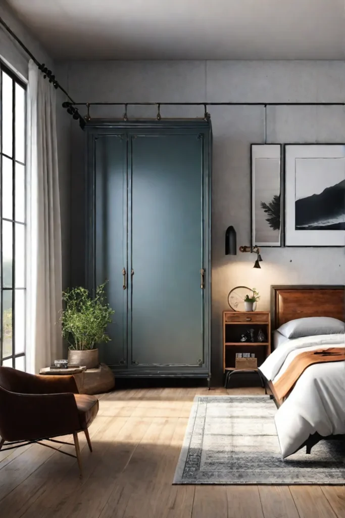 An industrialstyle bedroom with a metal bed wooden nightstands and a vintage