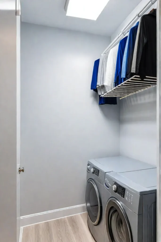 Apartment laundry nook with rolling cart and folddown drying rack