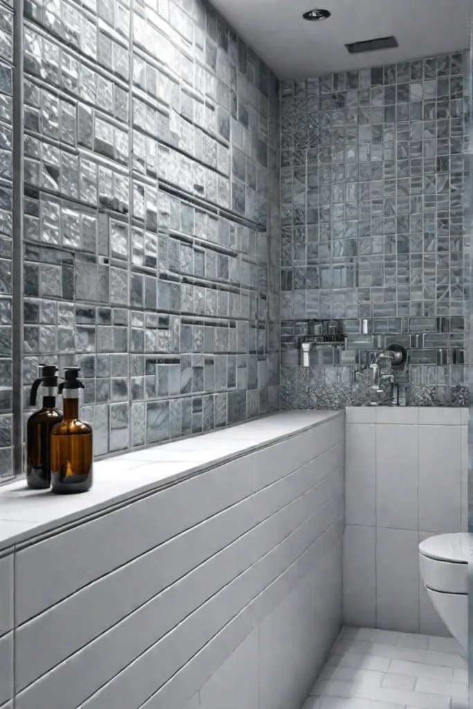 Bathroom shower with white subway tiles and a mosaic tile border