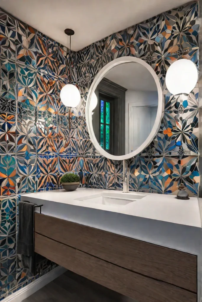 Bathroom with a DIY mosaic tile backsplash and a white vanity