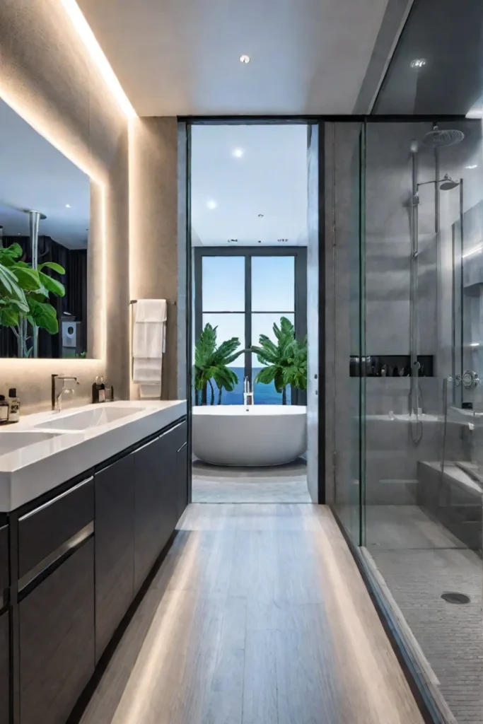 Bathroom with a frameless mirror strategically placed to reflect light and visually