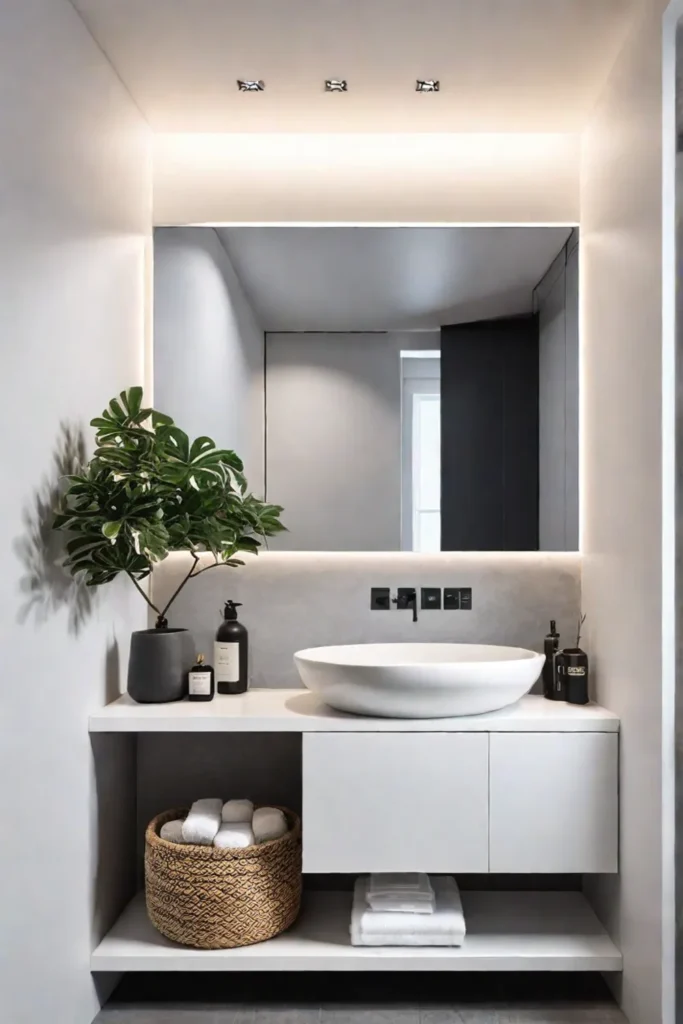 Bathroom with a multifunctional storage unit that integrates a mirror shelves and