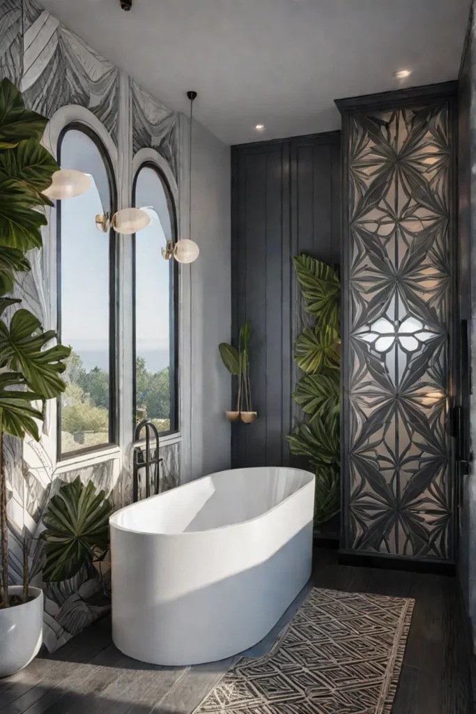 Bathroom with a statement wallpaper and neutral walls