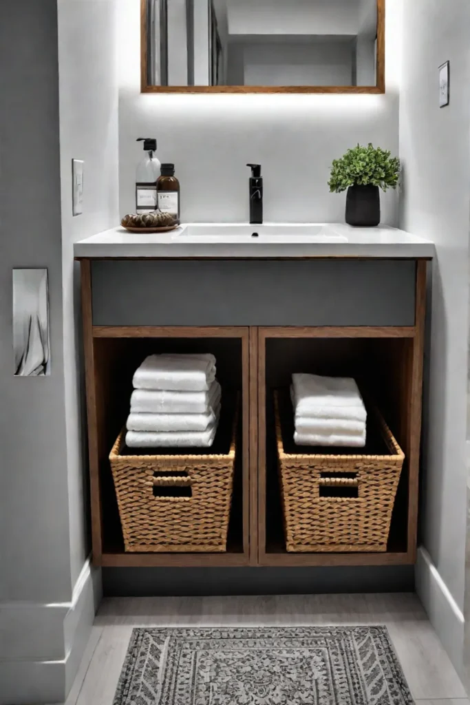 Bathroom with a vanity that incorporates builtin storage baskets offering a clutterfree