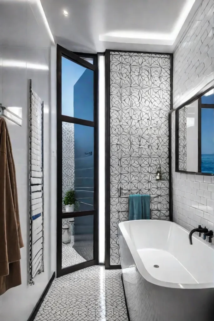 Bathroom with bright white tiles and geometric pattern accents visually expanding the