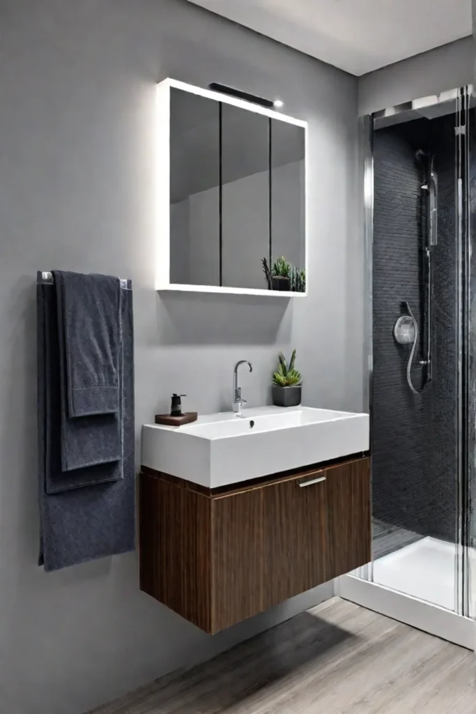 Bathroom with floating shelves and wallmounted storage units demonstrating how vertical space