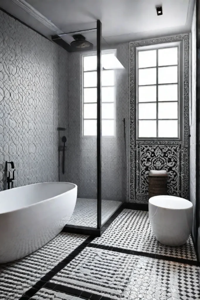 Bathroom with mixed patterned and textured tiles