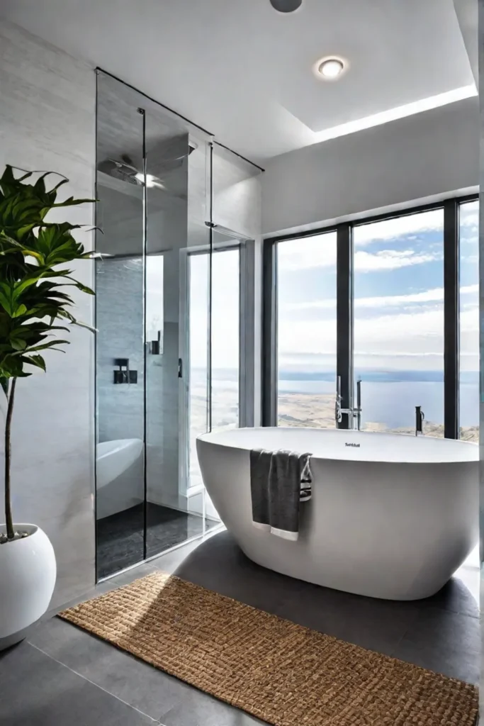 Bathroom with sleek white fixtures and frosted glass window offering a clean