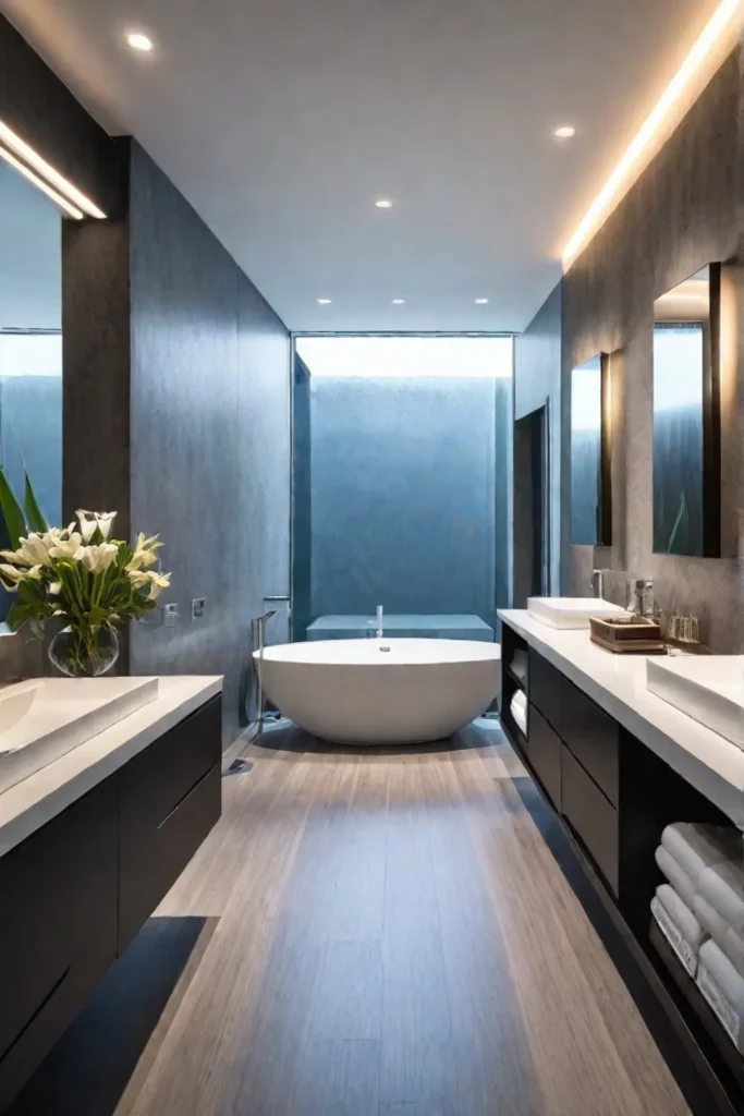 Bathroom without defined shower or vanity areas featuring a continuous flow of