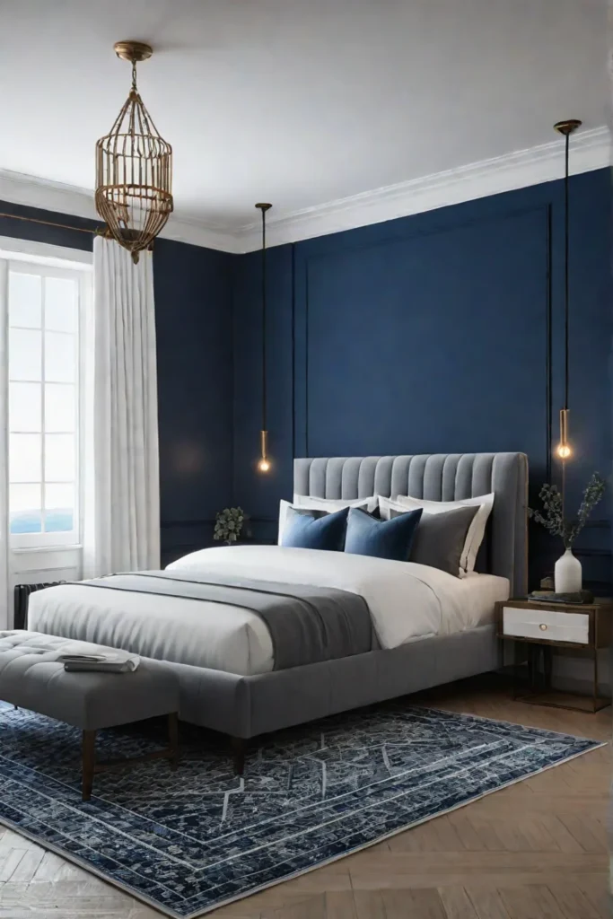 Bedroom with a harmonious color palette of gray and blue
