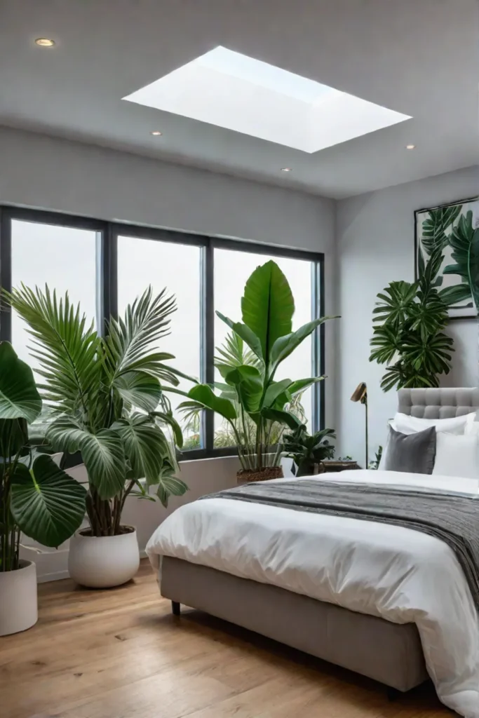 Bedroom with bay window and tropical plants