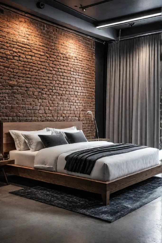 Bedroom with exposed brick concrete floor and textured rug