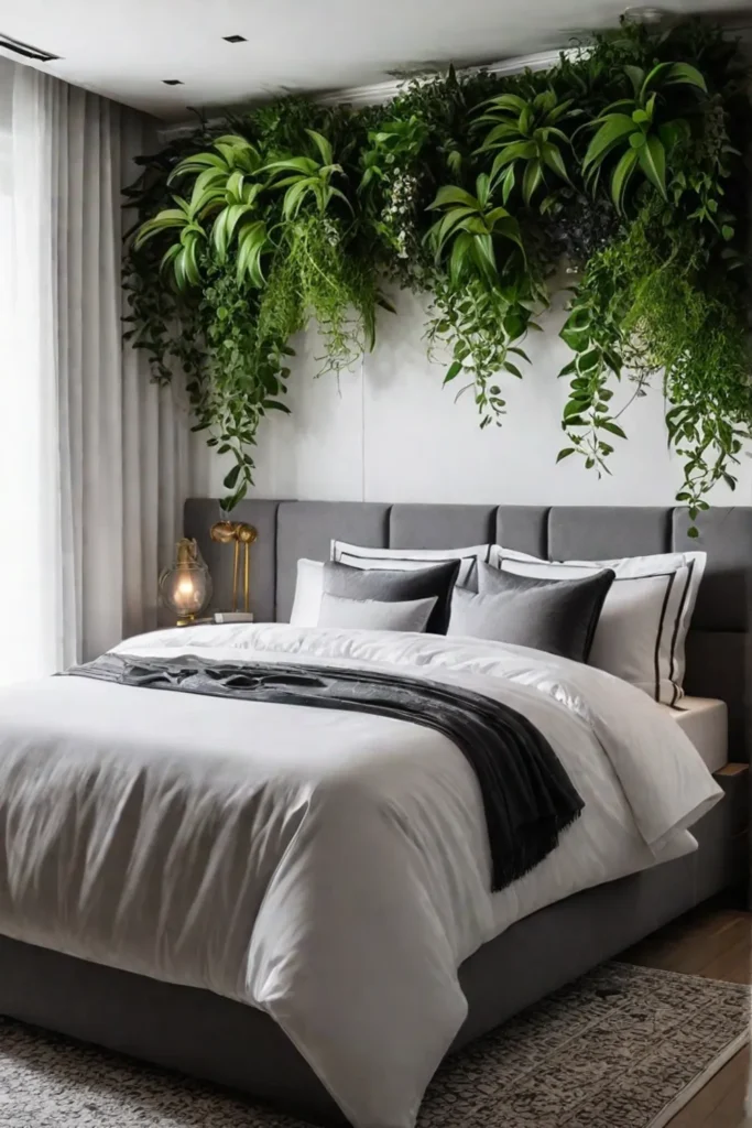 Bedroom with headboard and cascading plants