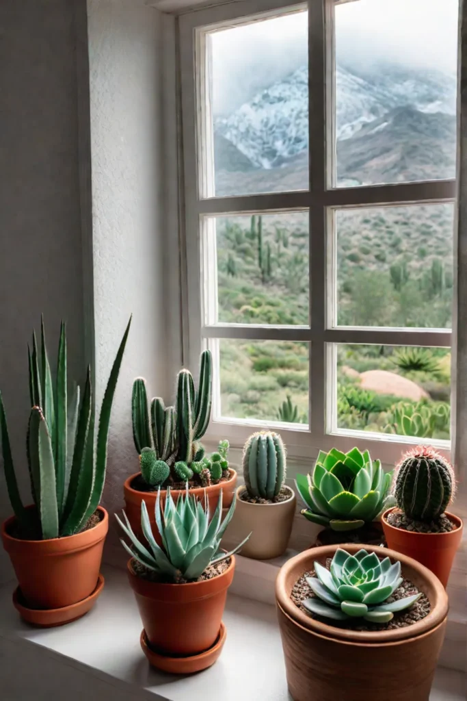 Bedroom with succulents and cacti on windowsill