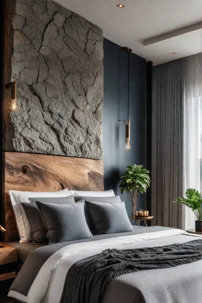 Bedroom with wood headboard stone wall and plants