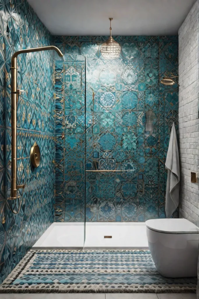 Bohemian bathroom with a shower featuring patterned tiles and natural stone accents