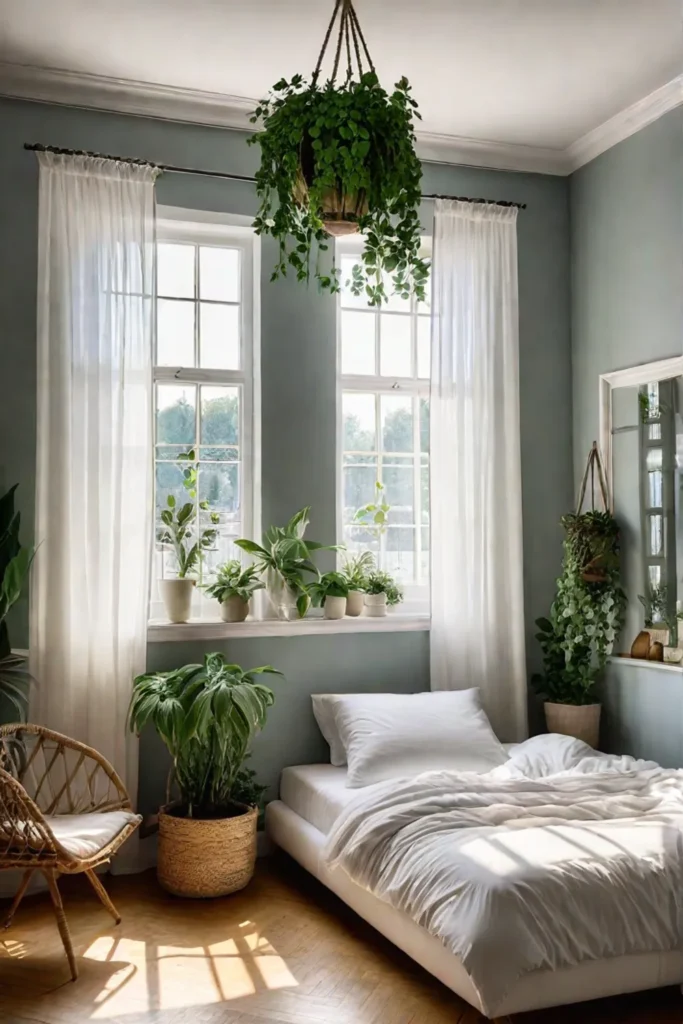 Bohemian bedroom with hanging pothos and plants