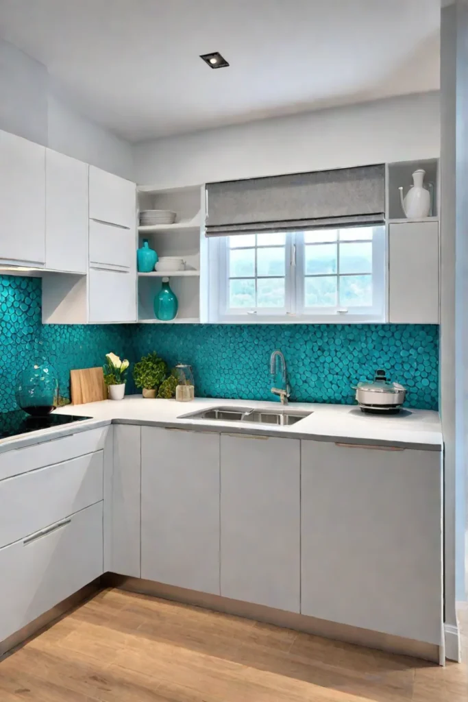 Bohemian kitchen island with mosaic tile countertop and turquoise base