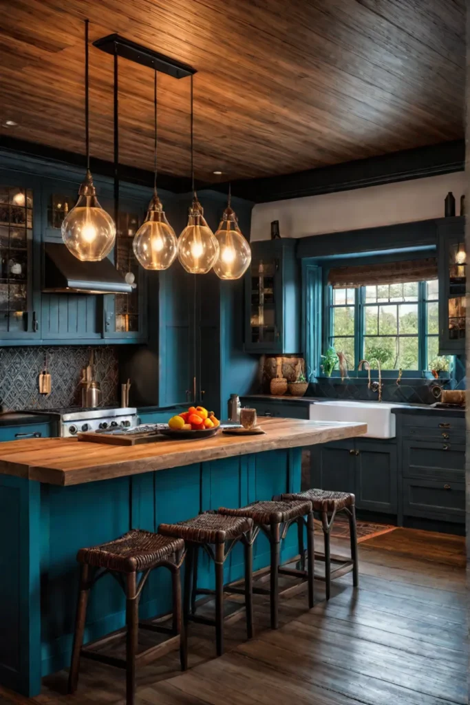 Bohemian kitchen with eclectic pendant lighting