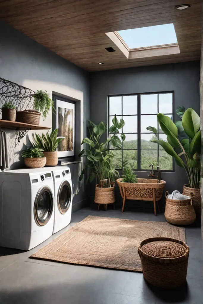 Bohemian laundry room with macrame and woven baskets