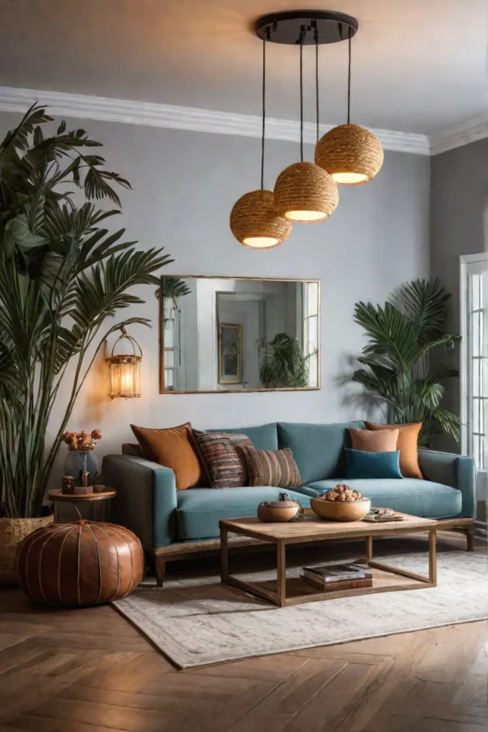 Bohemian living room with eclectic lighting fixtures