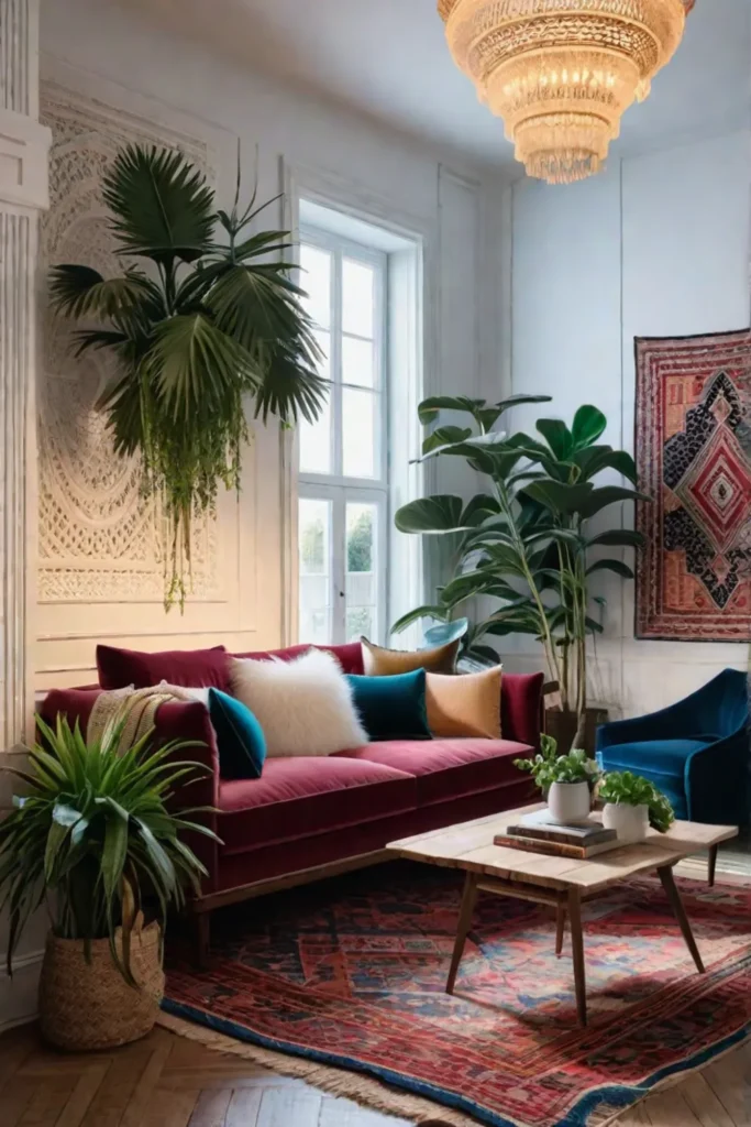 Bohemian living room with kilim rug and velvet sofa
