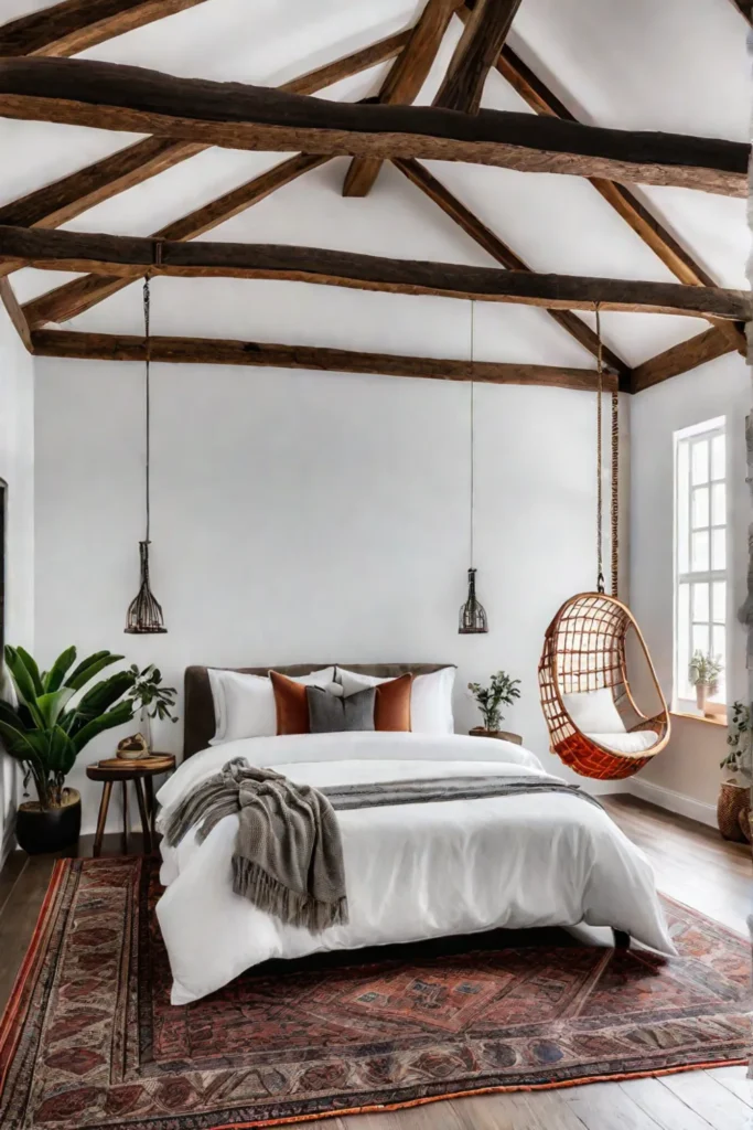 Bohemian style bedroom with high ceilings and natural light
