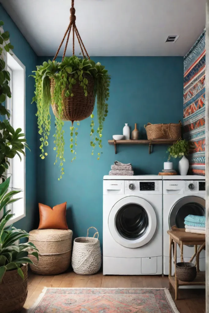 Bohemian laundry room with colorful textiles and patterns