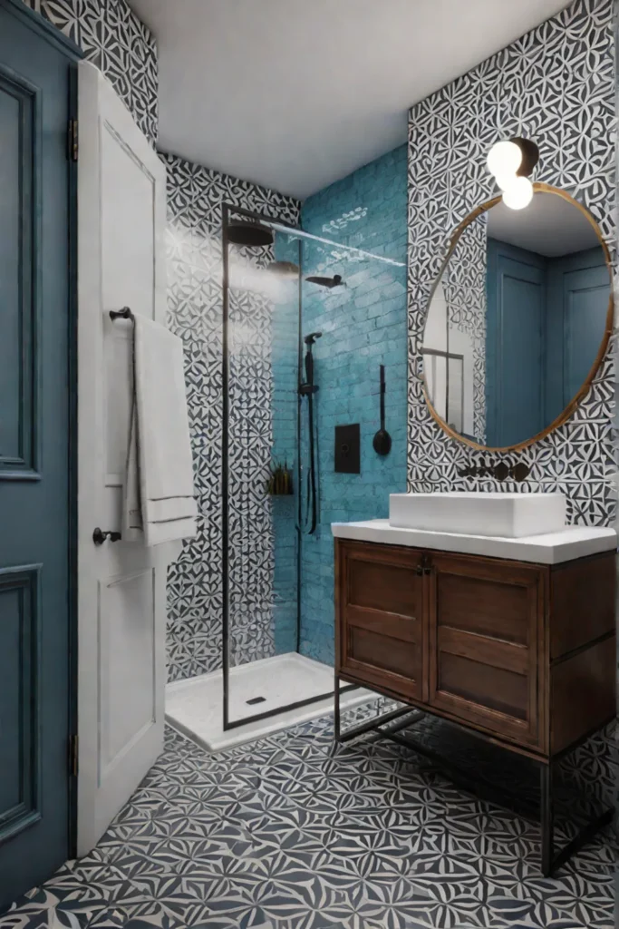 Bold and eclectic small bathroom with patterned tiles and custom vanity