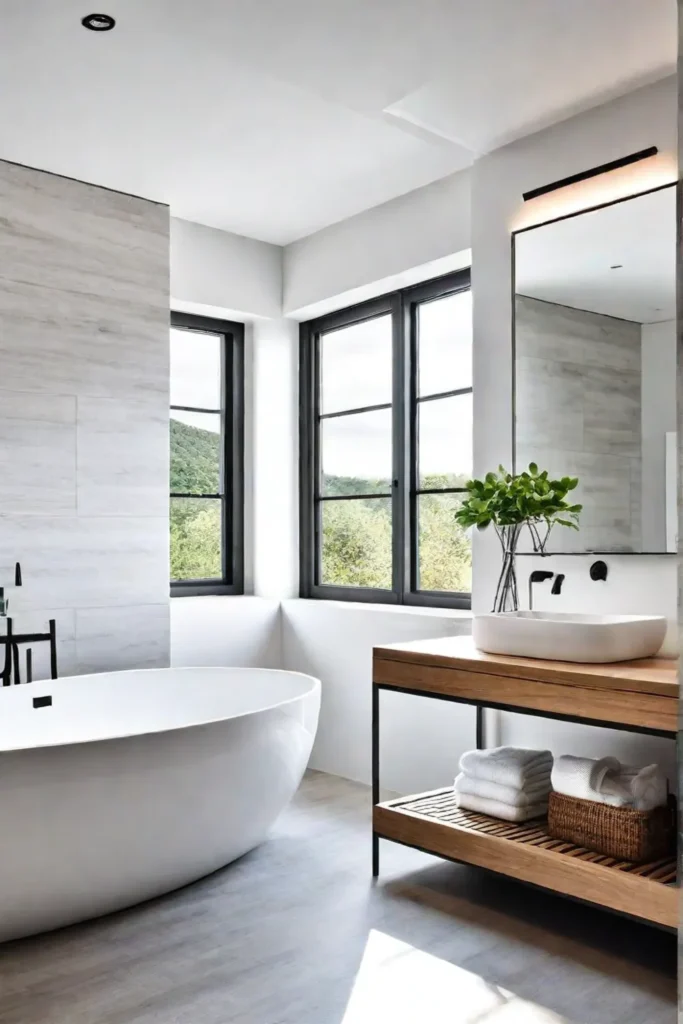 Bright and airy bathroom with white walls and light wood accents