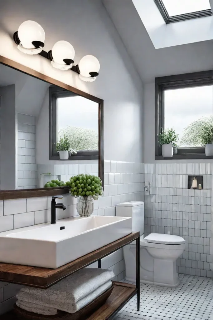 Bright and airy small bathroom with subway tiles and pedestal sink