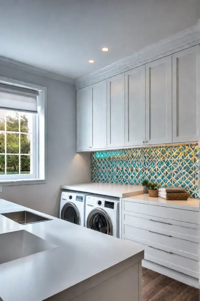 Bright and airy laundry room with patterned backsplash