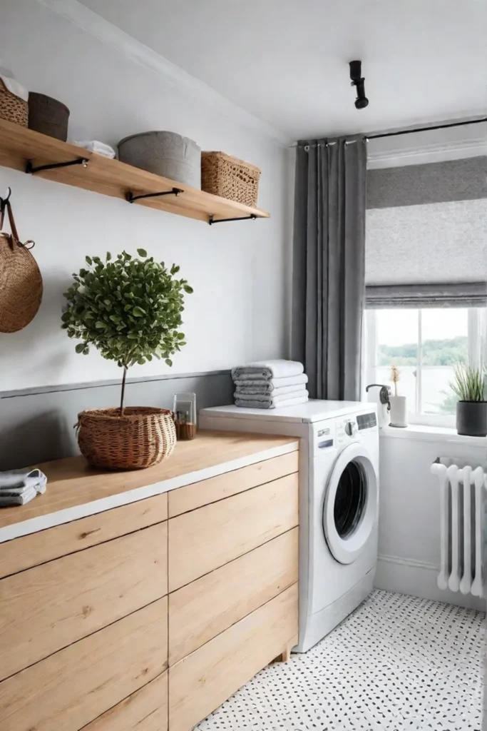 Bright and airy laundry room with spacesaving design elements for increased functionality