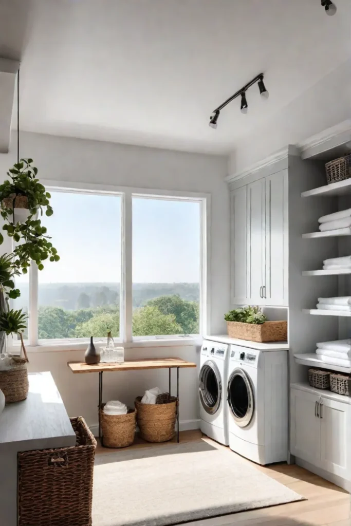 Bright apartment laundry room with natural light and folding table