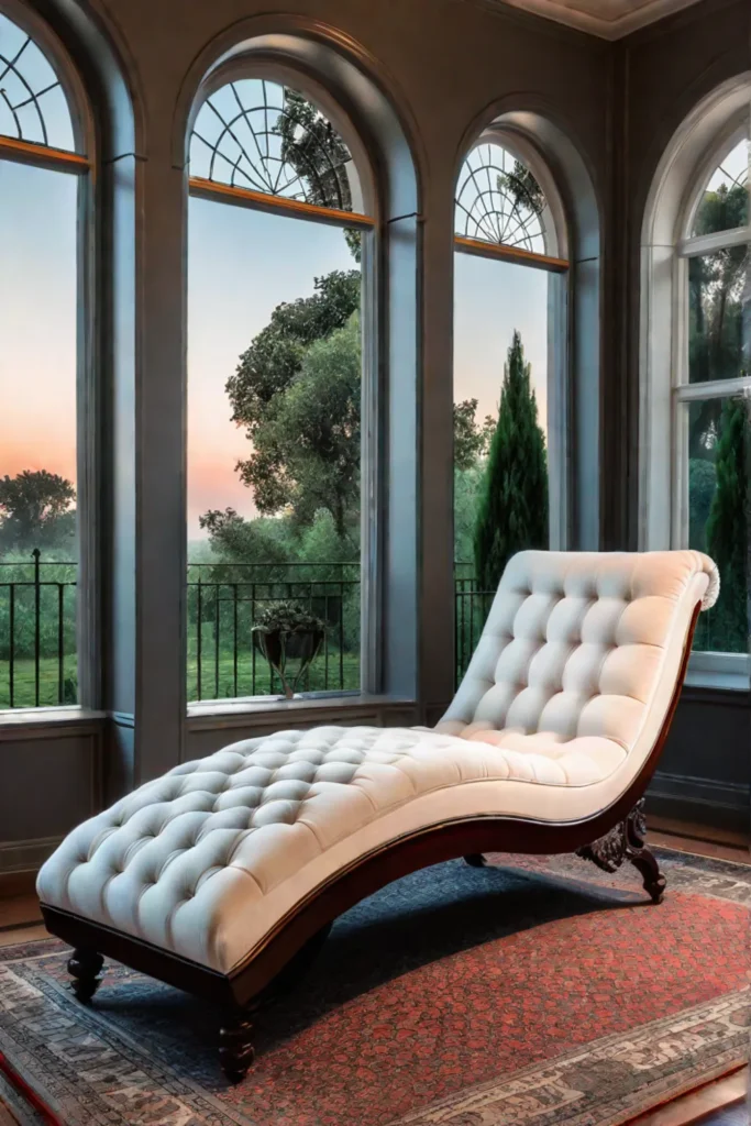 Chaise lounge in velvet fabric placed near a window with a garden
