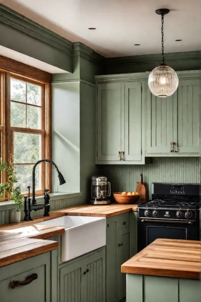Charming kitchen with green beadboard cabinets