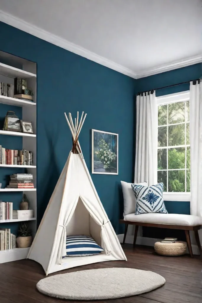 Childrens reading nook with teepee and colorful books