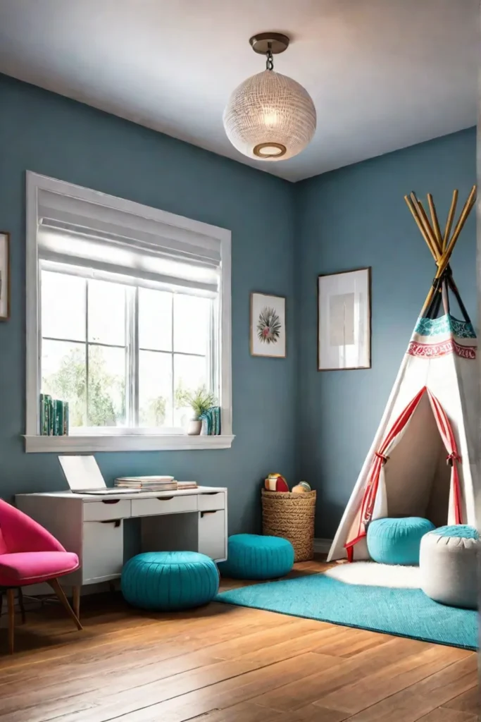 Childs bedroom reading nook features a teepee and playful decor