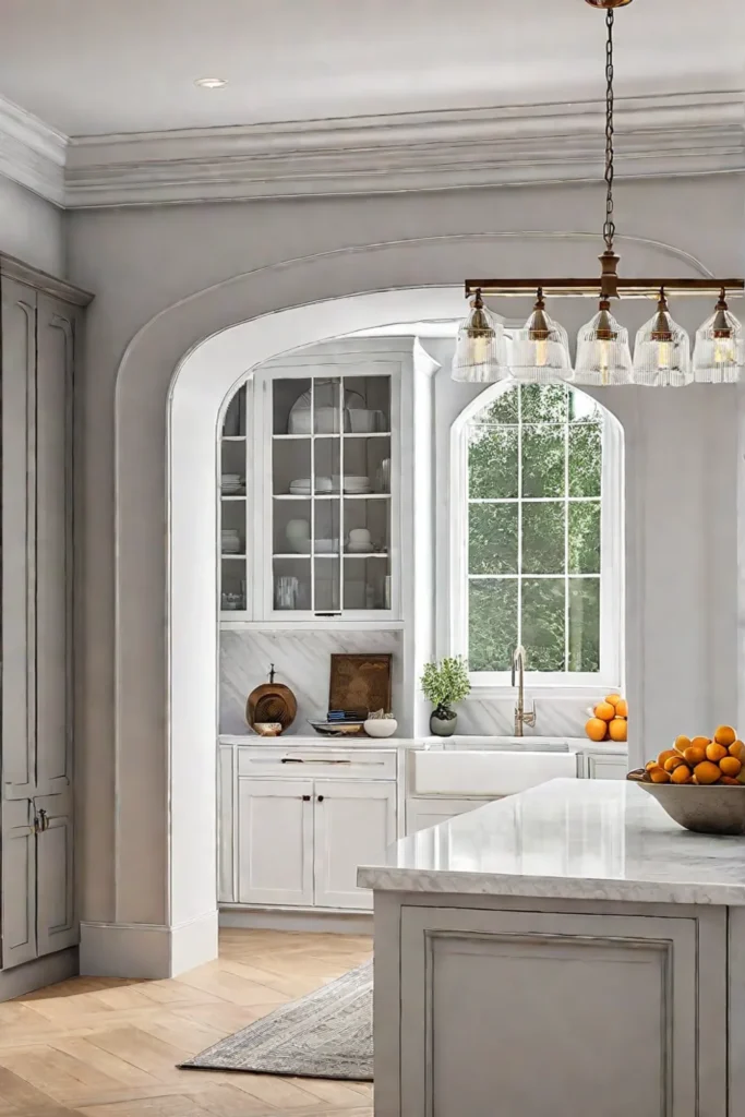 Classic kitchen with arched doorways and modern hardware