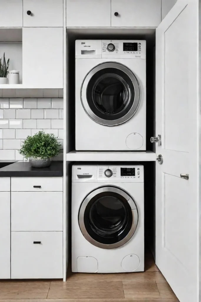 Clean and modern laundry room with floating shelf