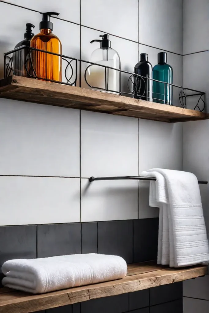 Closeup of a bathroom shelf with organized towels and bath products