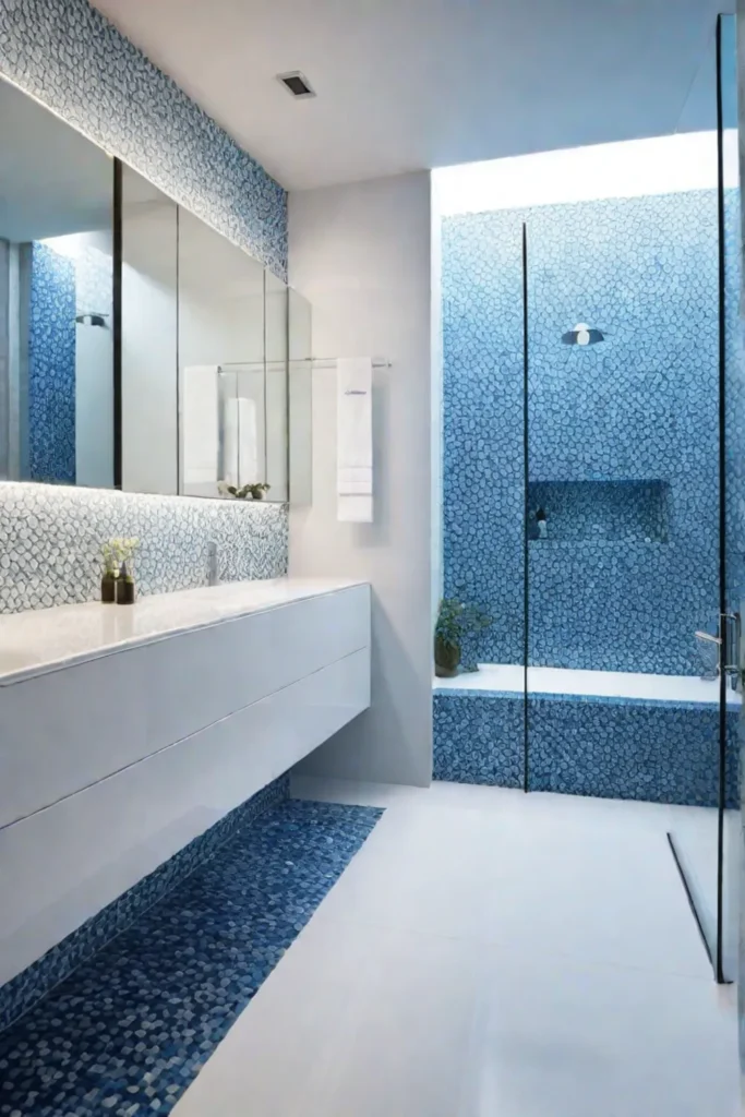Coastal bathroom with a shower showcasing blue and white mosaic tiles
