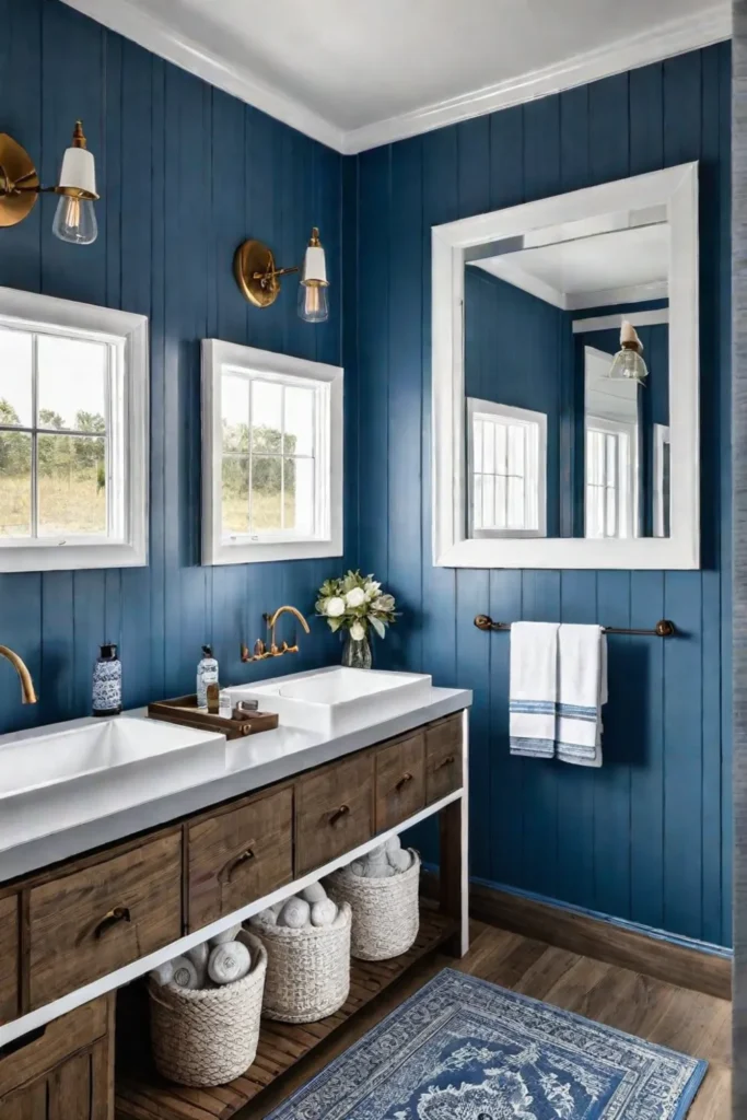 Coastal farmhouse bathroom with blue and white color scheme and shiplap walls