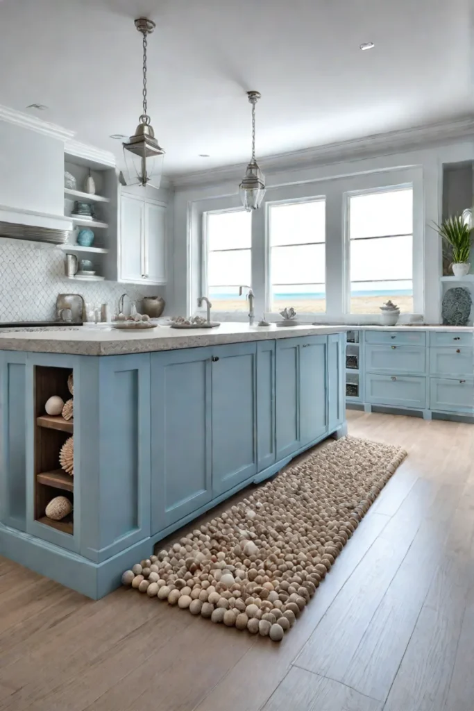 Coastal kitchen island with whitewashed base and blue countertop